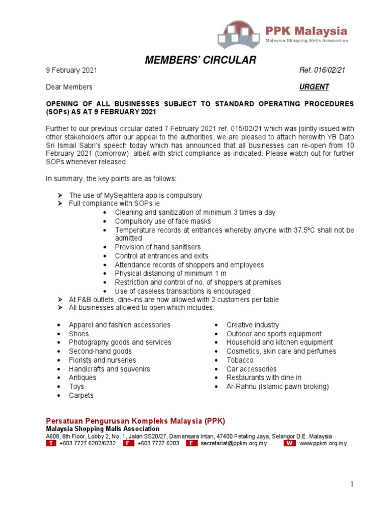 016 CIRCULAR - OPENING OF ALL BUSINESSES SUBJECT TO STANDARD OPERATING ...