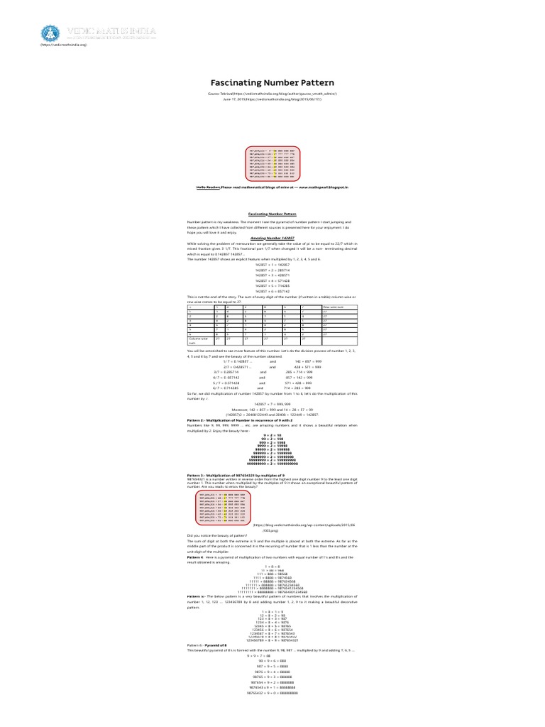 Fascinating Number Pattern - Vedic Maths India | PDF | Numbers ...