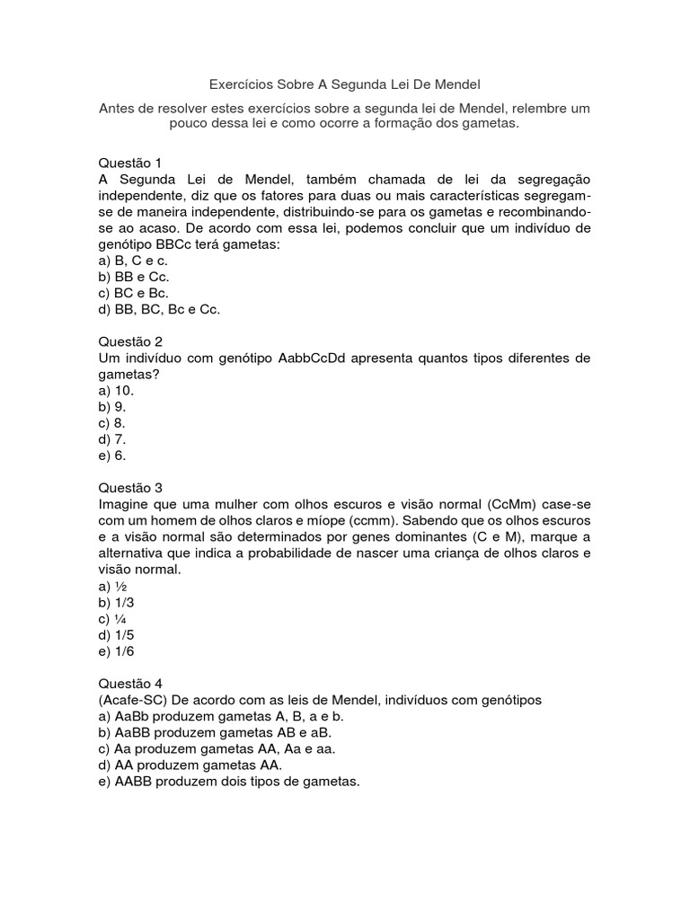 Exercícios Sobre A Segunda Lei de Mendel | PDF