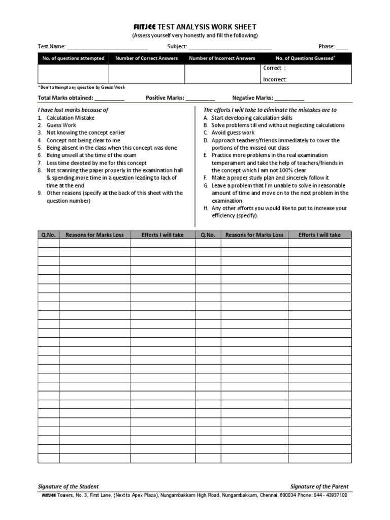 Test Analysis Worksheet PDF Test (Assessment) Psychology