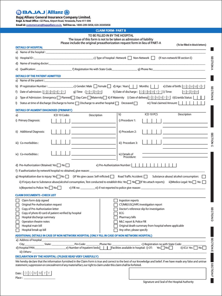 Reimbursement Claim Form Part B Download Free PDF Hospital Health