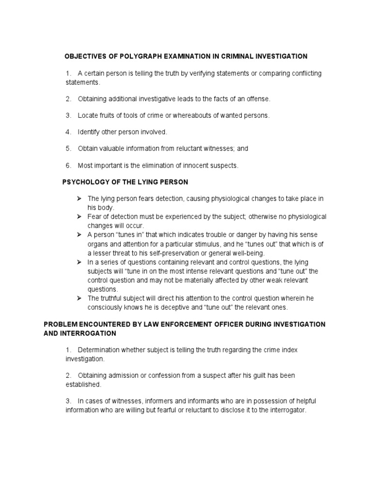 Objectives of PolygraphExamination in Criminal Investiation and ...
