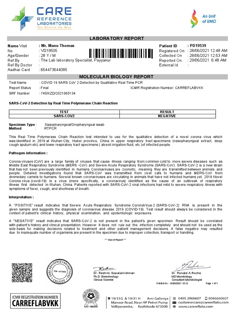 COVID-19 PCR Test Result: Negative | PDF | Virology | Virus