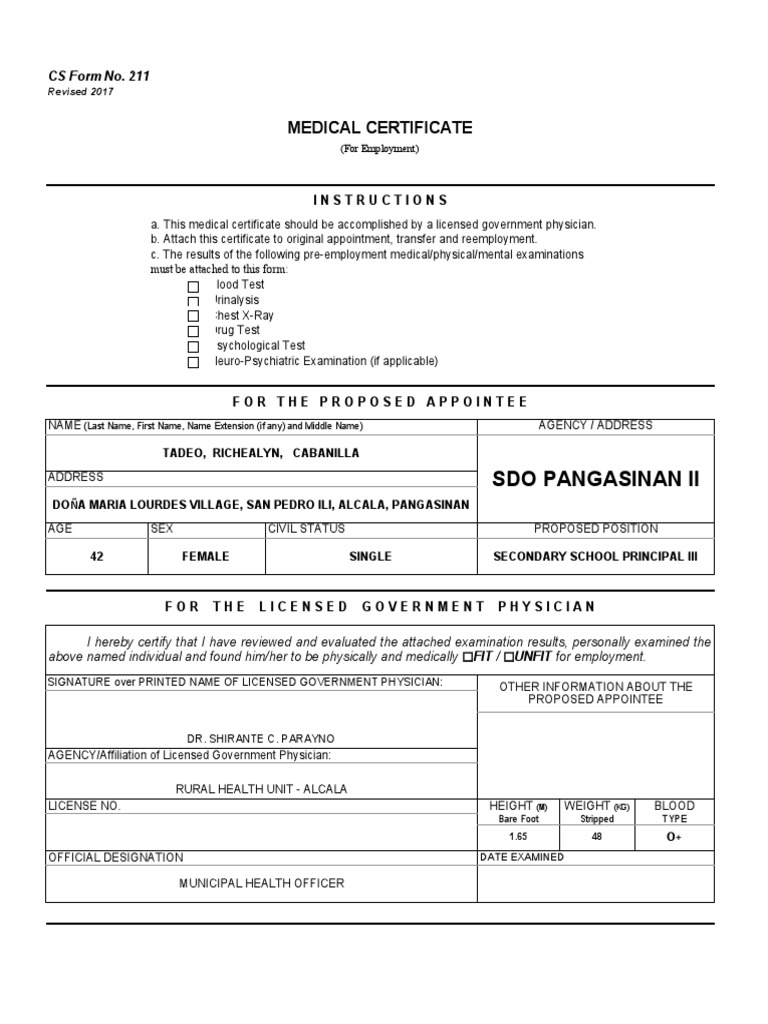 Cs form no 211 medical certificate pdf physician health sciences