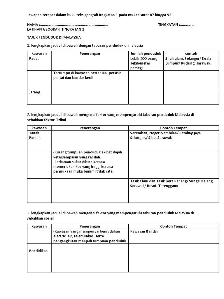 Penduduk Di Malaysia Latihan 1 Geografi Tingkatan 1  PDF