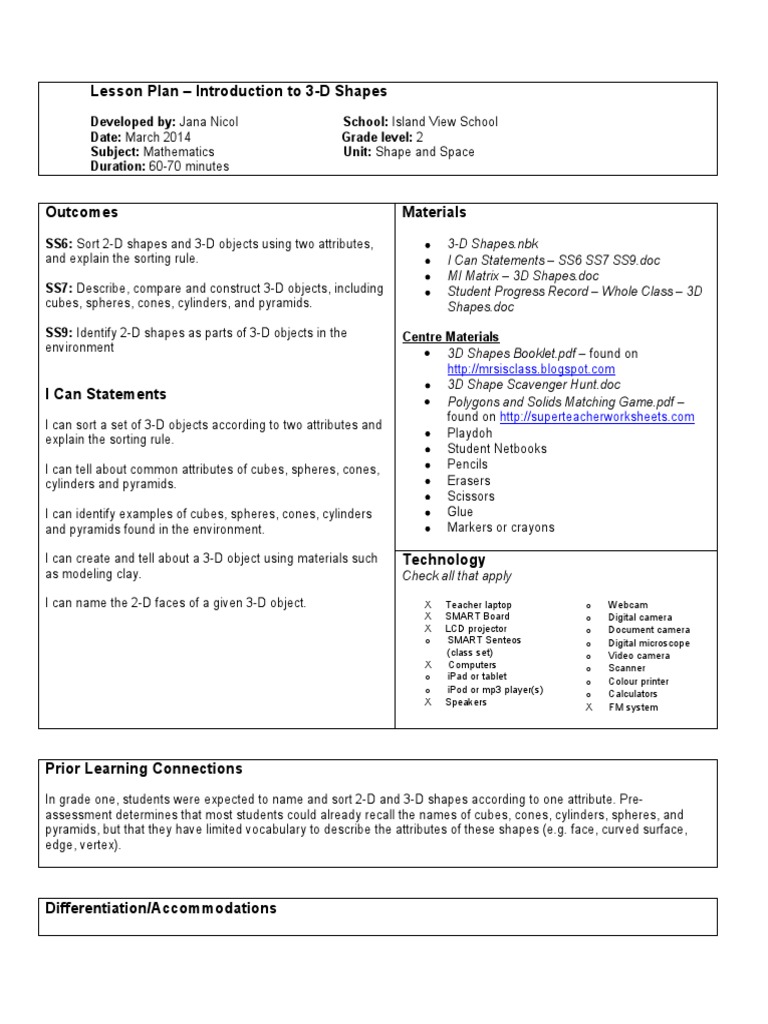 Lesson Plan - Introduction To 3-D Shapes | PDF | Shape | 3 D Computer ...