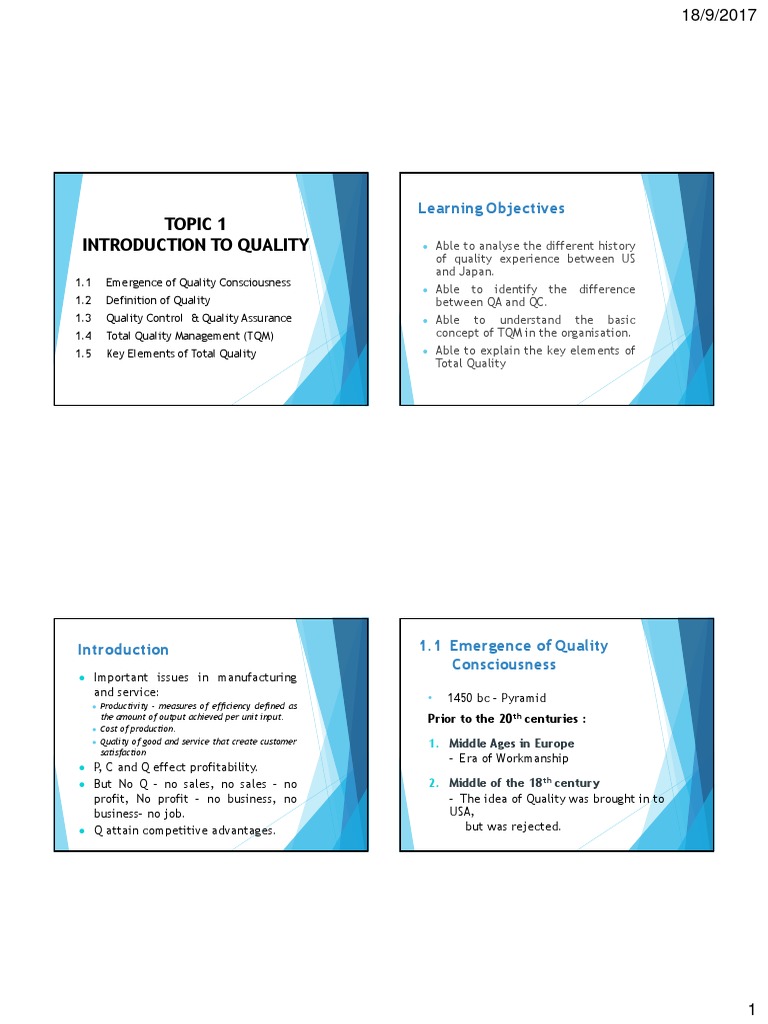 Topic 1 Introduction To Quality: Learning Objectives | PDF | Quality ...
