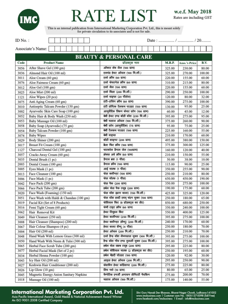 Rate List W.E.F May 2018 PDF | PDF | Foods | Nature