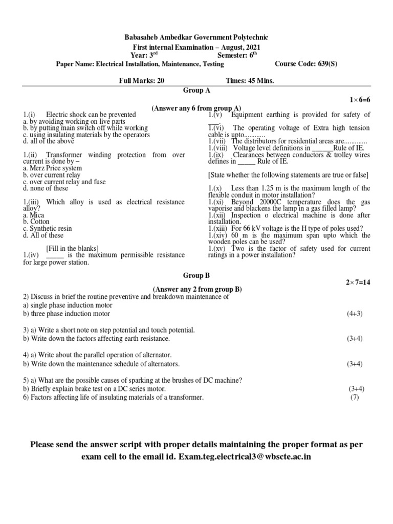 ELECTRICAL INSTALLATION, MAINTENANCE, TESTING CT 2 August 2021 PDF Electrical Wiring