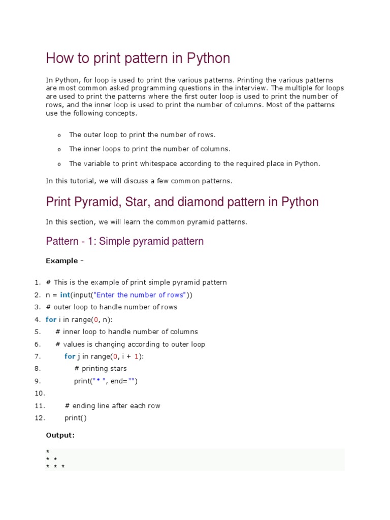 How To Print Pattern in Python | PDF | Control Flow | Computer Programming