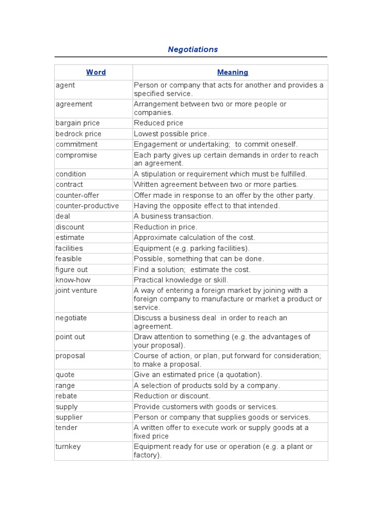 Key Terms in Negotiation Process | PDF