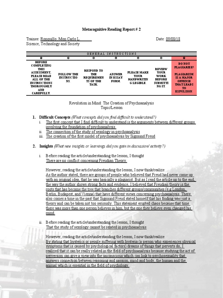 Metacognitive Reading Report 2 General Instructions PDF Hysteria