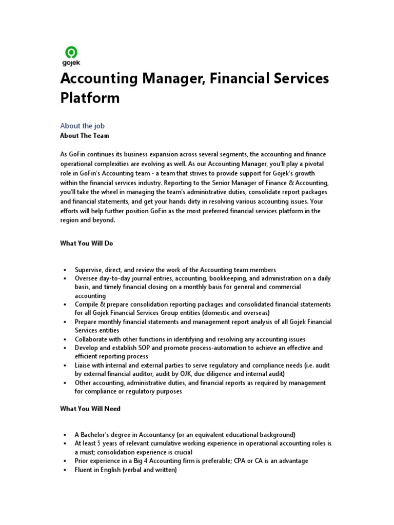 Accounting Manager Role at GoFin | PDF | Accounting | Audit