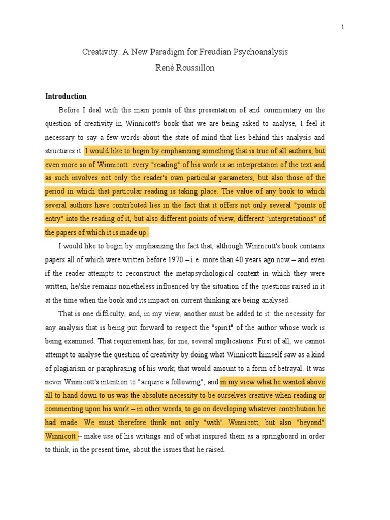 Creativity: A New Paradigm For Freudian Psychoanalysis René Roussillon ...