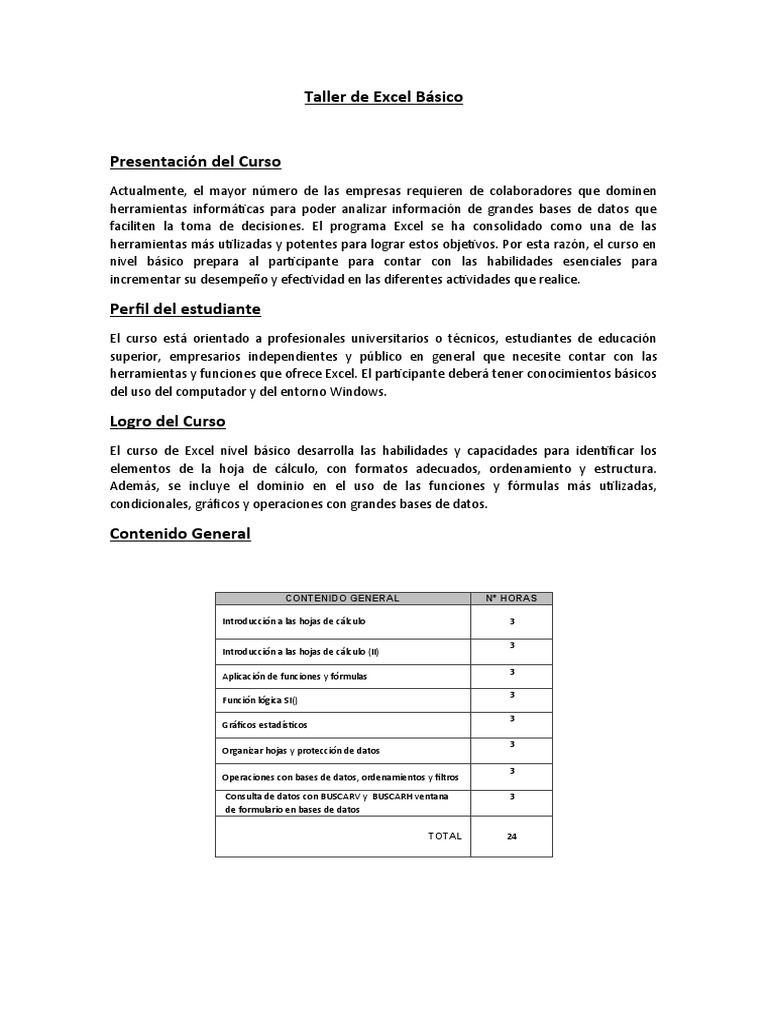 Taller de Excel Básico | PDF | Microsoft Excel | Hoja de cálculo
