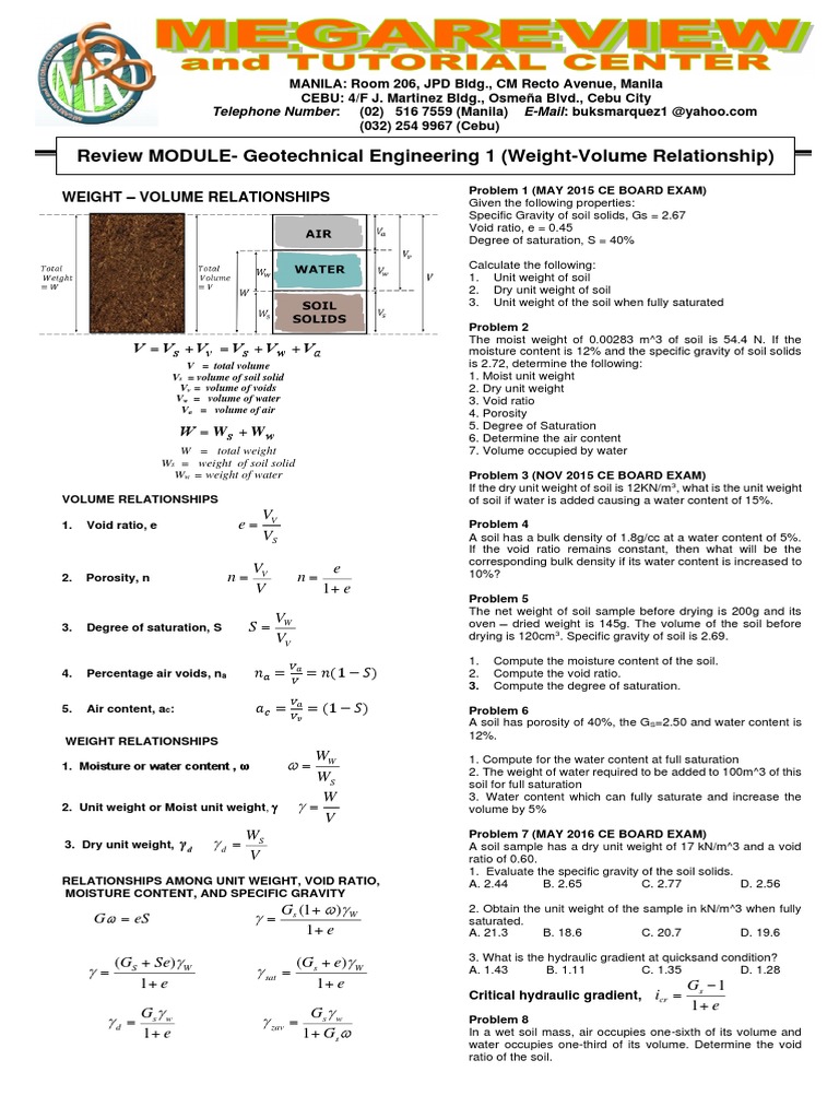 Review MODULE-Geotechnical Engineering 1 (Weight-Volume Relationship ...