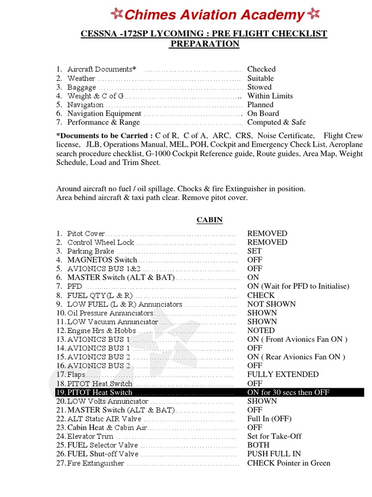 Preflight Checklist CESSNA 172R CHIMES AVIATION ACADEMY 2020