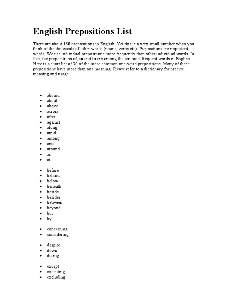 English Prepositions: A Comprehensive List | PDF | Preposition And ...