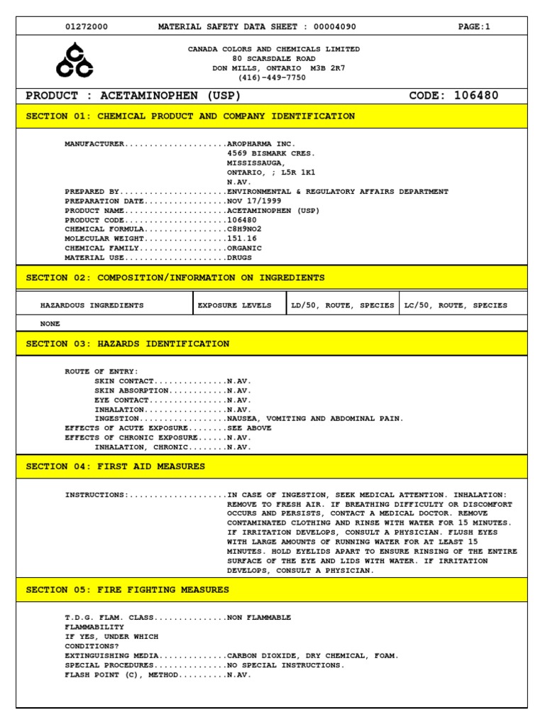 Product Acetaminophen (Usp) CODE 106480 Section 01 Chemical Product