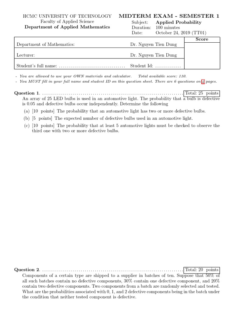 Midterm Exam in Applied Probability | PDF | Statistics | Probability