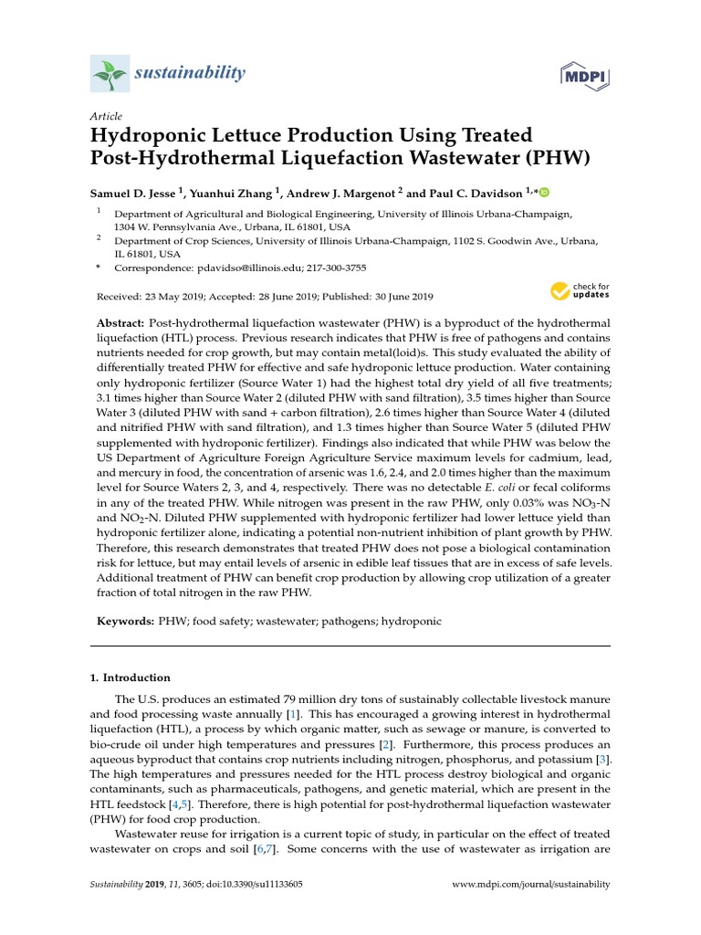 Hydroponic Lettuce Production Using Treated Post-Hydrothermal ...