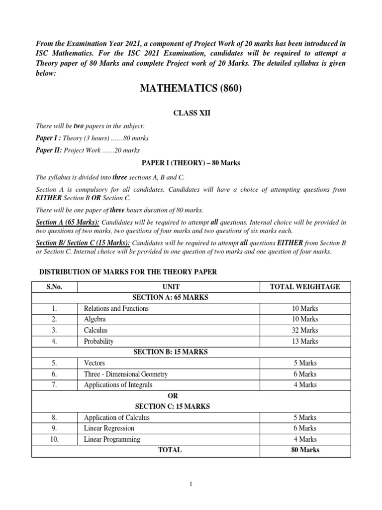 ISC Mathematics Class XII (Amended) - 2021 | PDF | Matrix (Mathematics ...