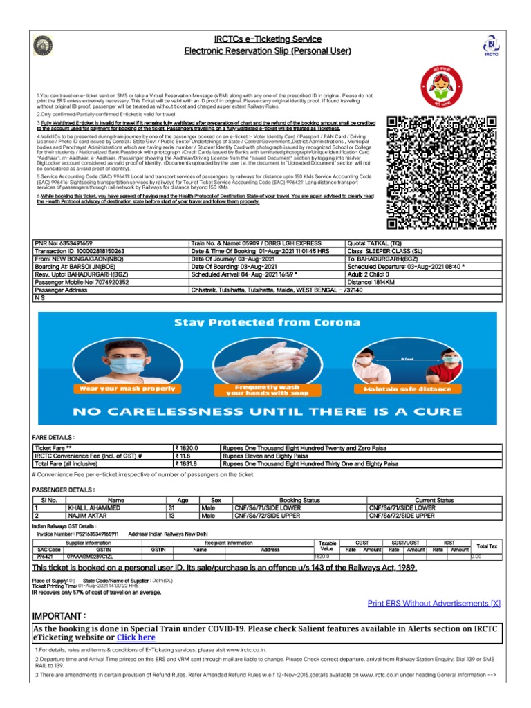 IRCTC e-Ticketing Guidelines and Details | PDF | Identity Document ...