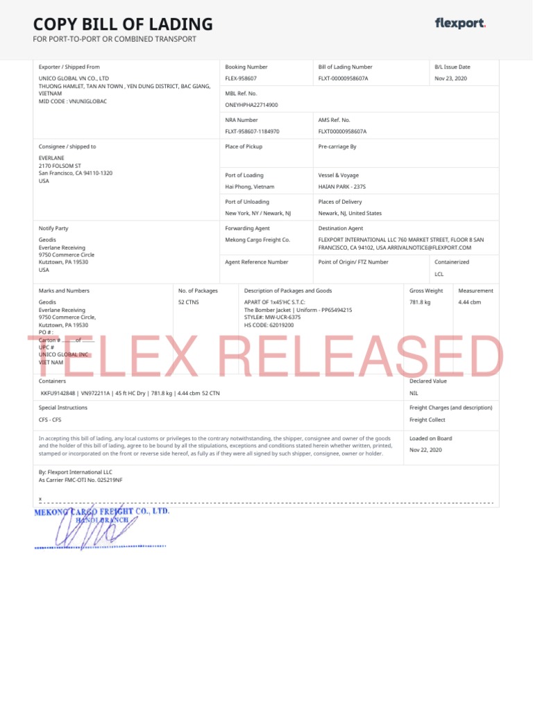 Telex Release Bill of Lading Example | PDF | Bill Of Lading | Cargo