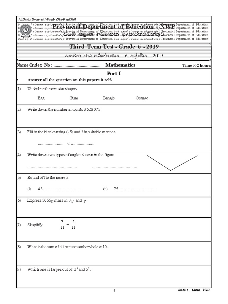 Grade 6 Maths Exam Paper 2019 | PDF | Teaching Mathematics