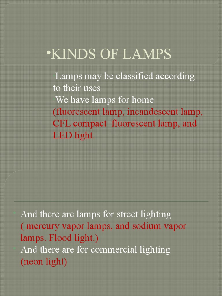 Kinds of Lamps Lamps May Be Classified According To Their Uses We Have
