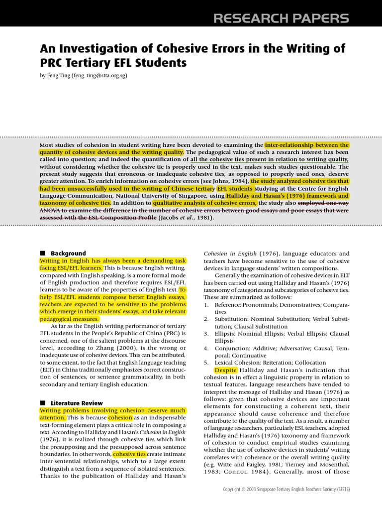 An Investigation of Cohesive Errors in The Writing of PRC Tertiary EFL ...
