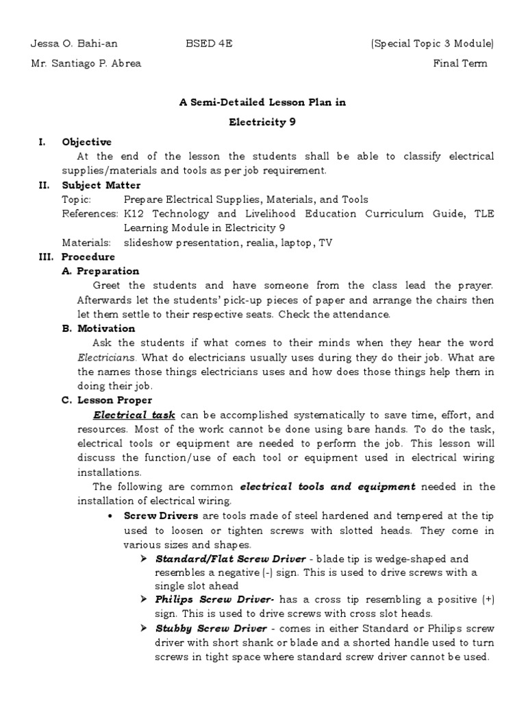 A SemiDetailed Lesson Plan in Electricity 9 I. Objective PDF Hammer Electrical Connector