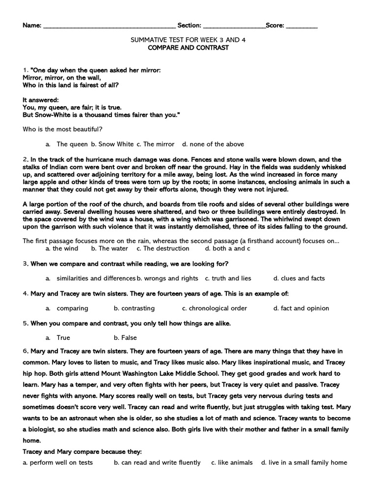 Compare and Contrast Assessment Test | PDF | Peanuts | Legume