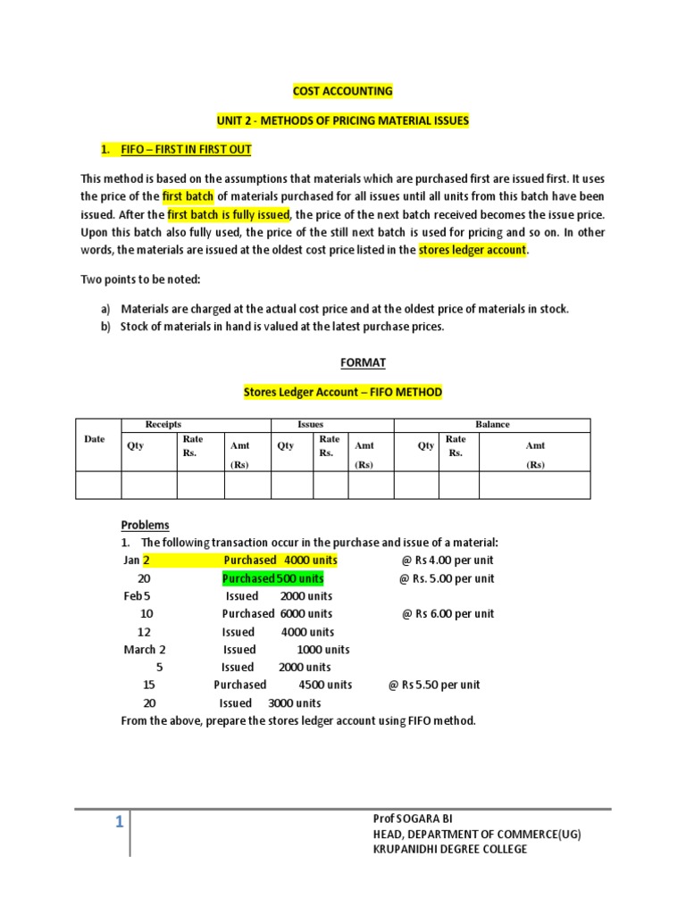 Cost Accounting Unit 2 Methods of Pricing Material Issues PDF
