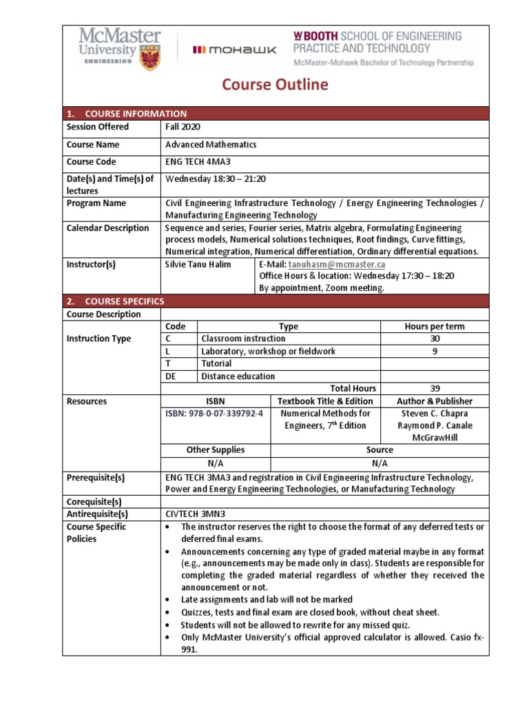 ENG TECH 4MA3 Course Outline Fall 2020 | PDF | Academic Dishonesty ...