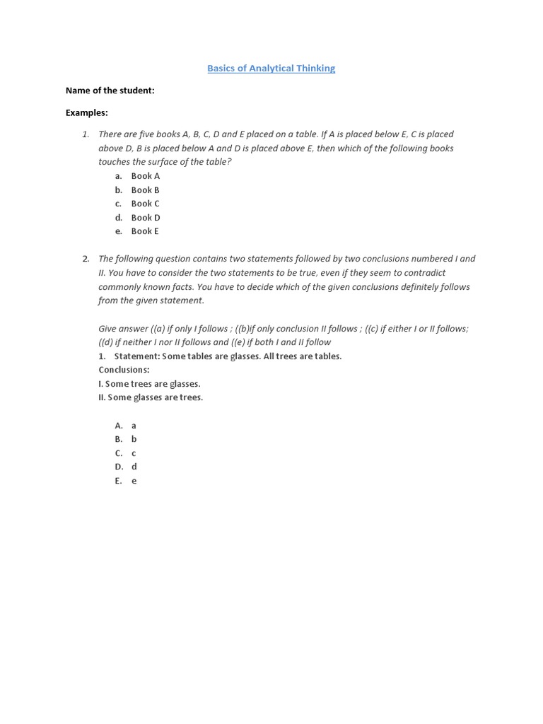 Analytical Thinking Exercises Overview | PDF | Lunch | Science