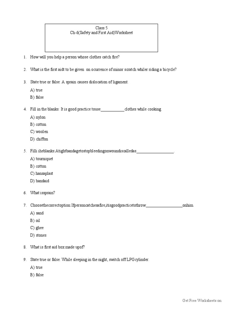 Safety and First Aid CBSE Class 5 Worksheet PDF