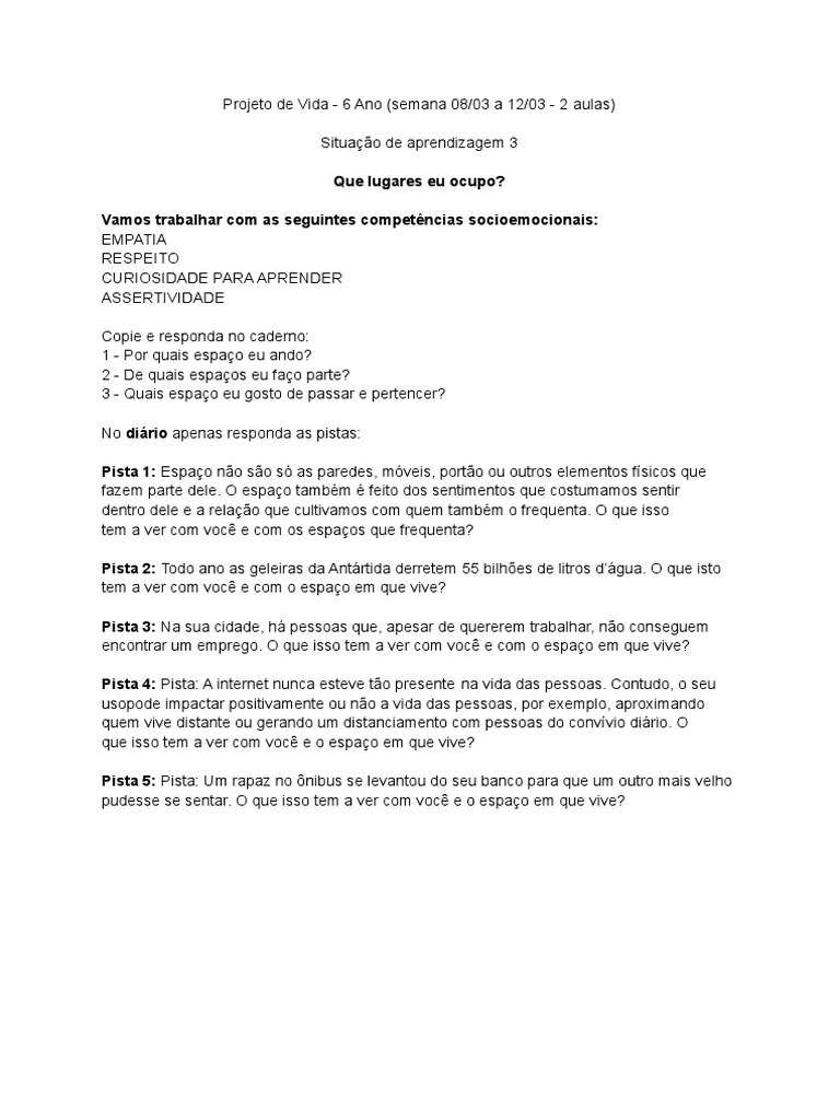 Projeto de Vida - 6 Ano | PDF