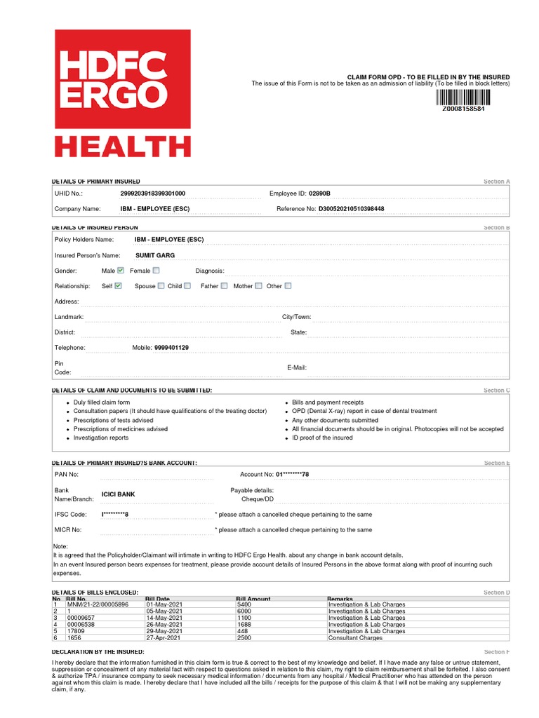 Claim Form Opd - To Be Filled in by The Insured: Details of Primary ...