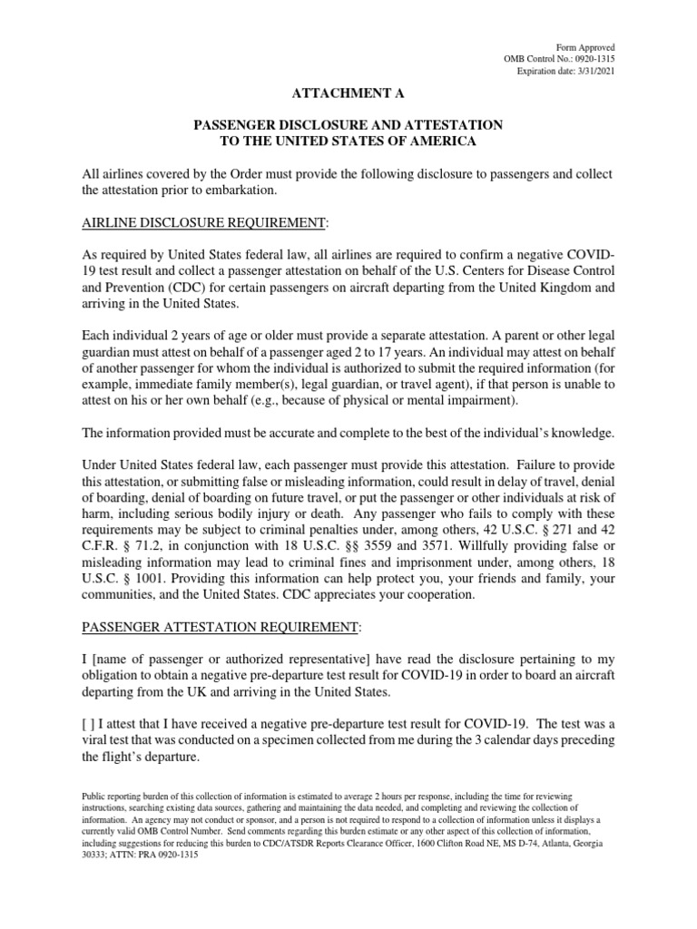 Attachment A UK Passenger Disclosure and Attestation CLEAN | PDF ...