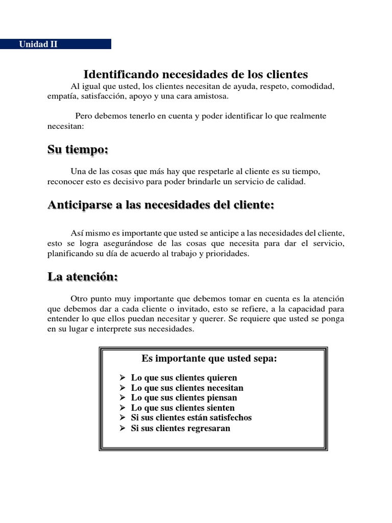 Unidad II. Identificando Necesidades de Los Clientes | PDF | Servicio ...
