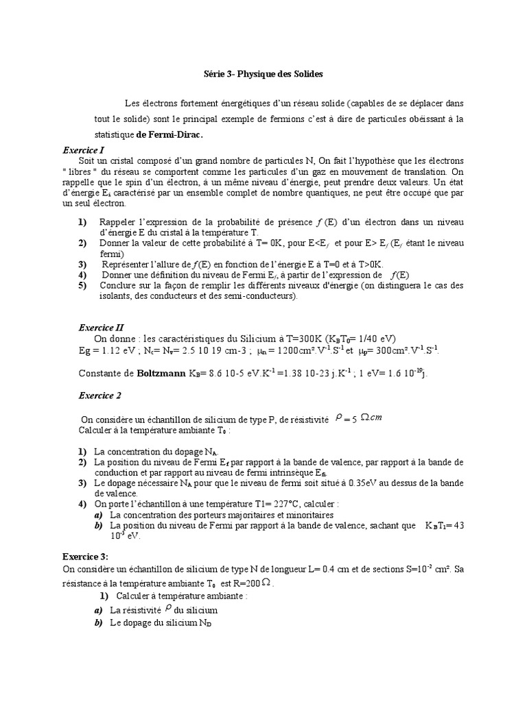 Serie 3 PDF Théorie des bandes Semiconducteurs — free download