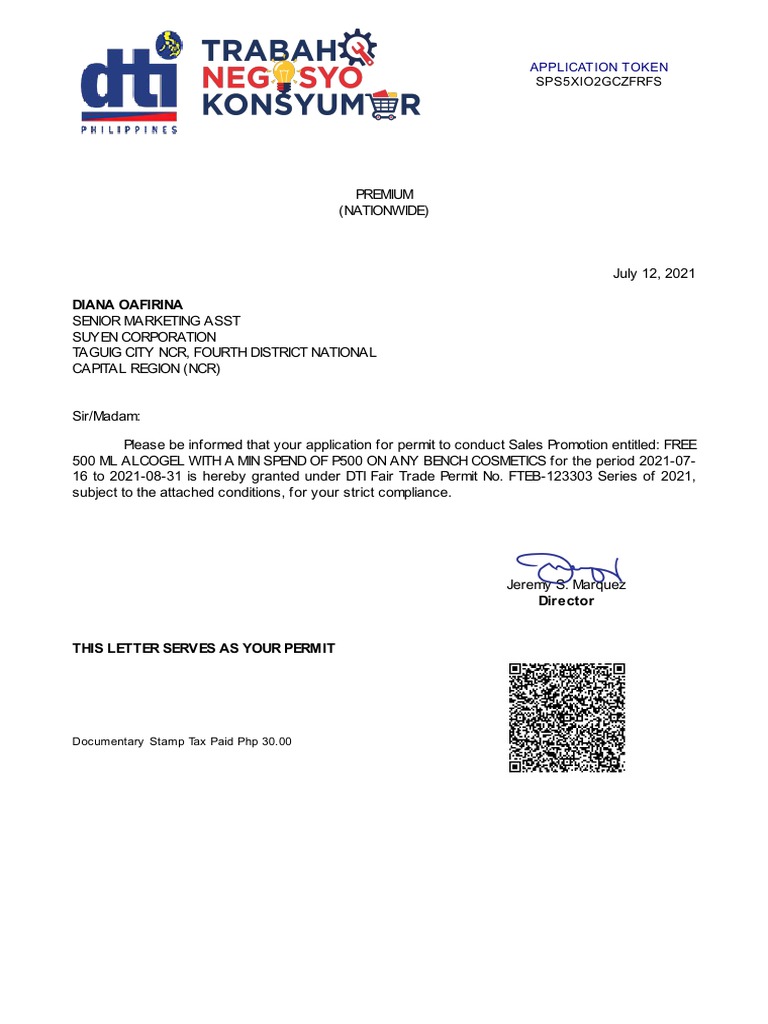 DTI Sales Promotion Permit Approval | PDF | Government | Business