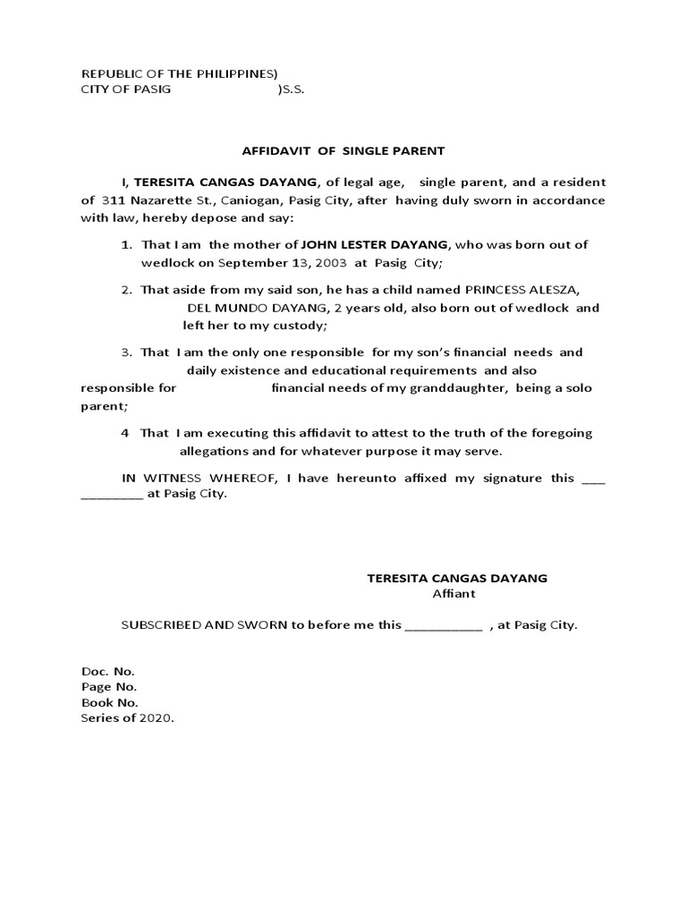 Affidavit of Single Parents in Pasig | PDF | Affidavit | Document