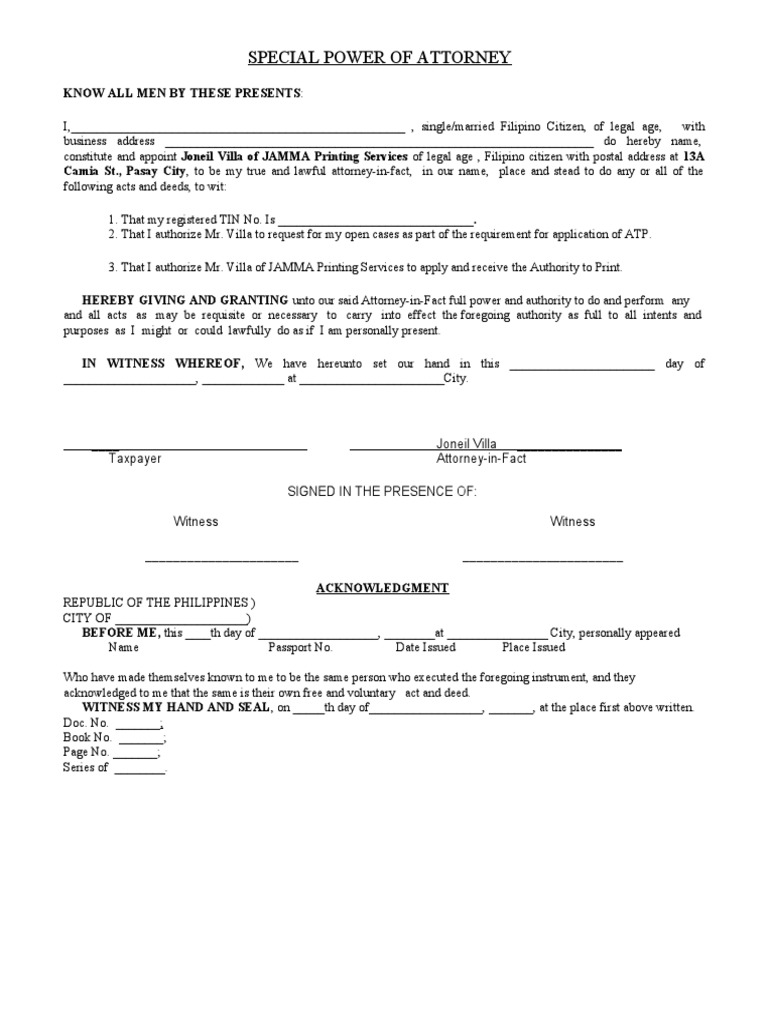 Special Power of Attorney: Know All Men by These Presents | PDF | Power ...