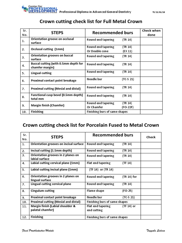Crown Cutting Checklist | PDF | Dental Anatomy | Dentistry Branches