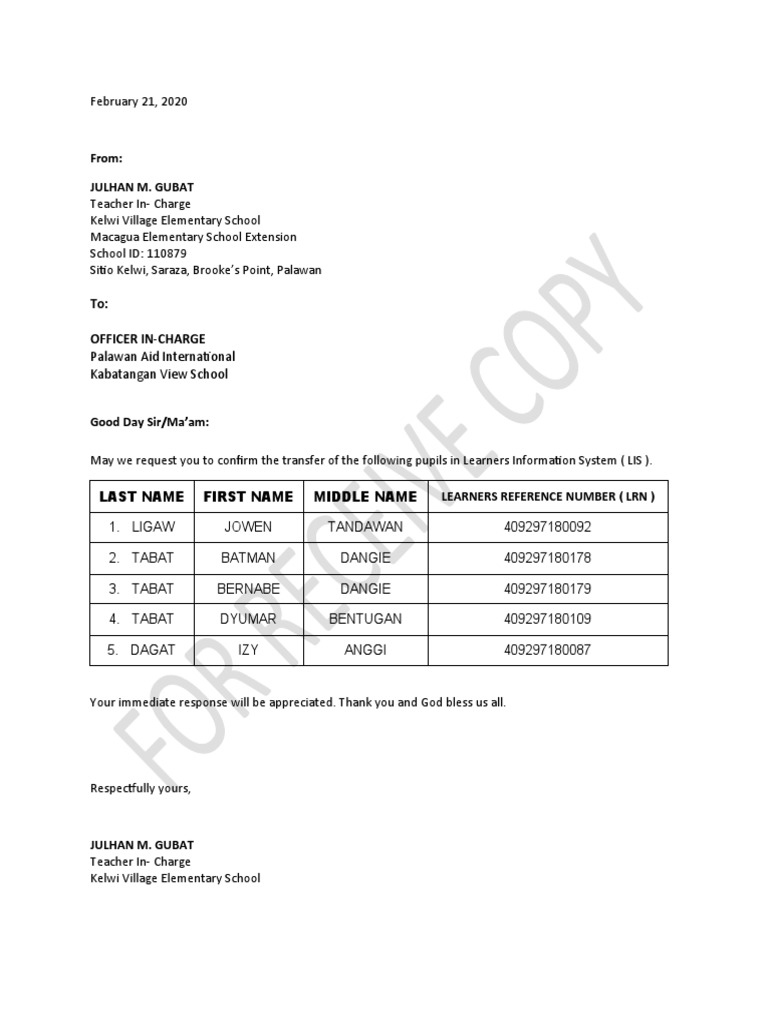 Request for Student Transfer Confirmation | PDF | Wellness