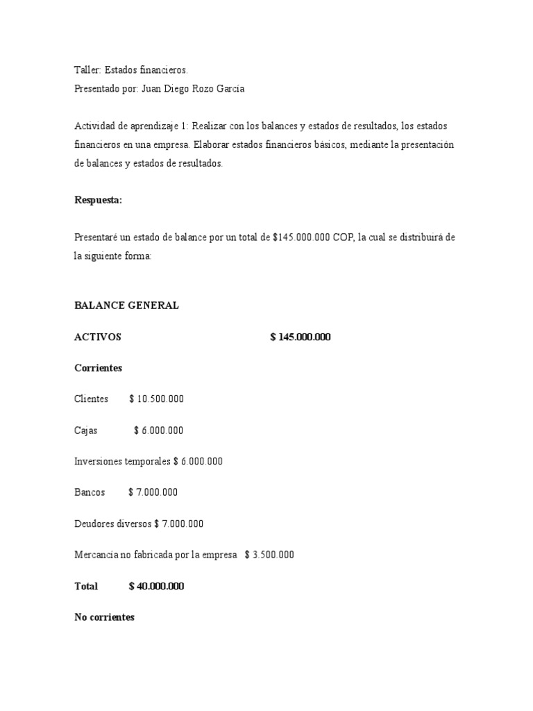 Taller de Estados Financieros Básicos | PDF | Estado de resultados ...