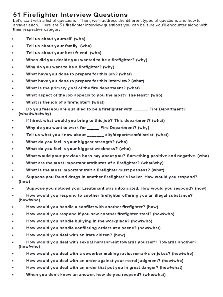 51 Firefighter Interview Questions PDF Firefighter Question