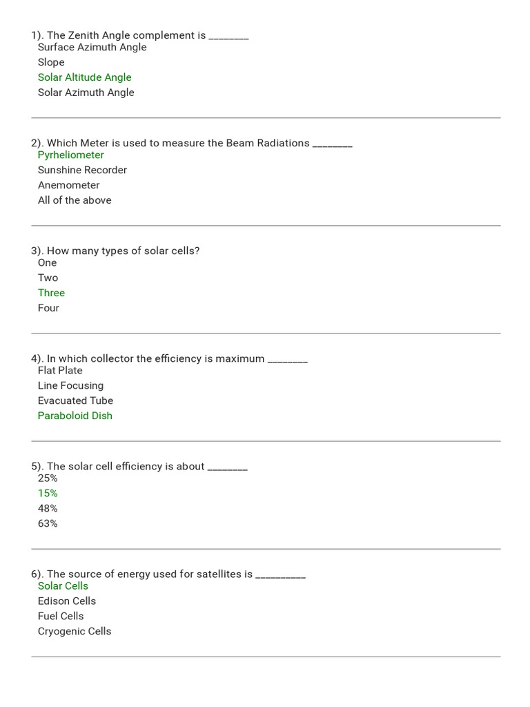 UnitII Solar Energy (MCQ) With Answers PDF Solar Cell Solar Energy